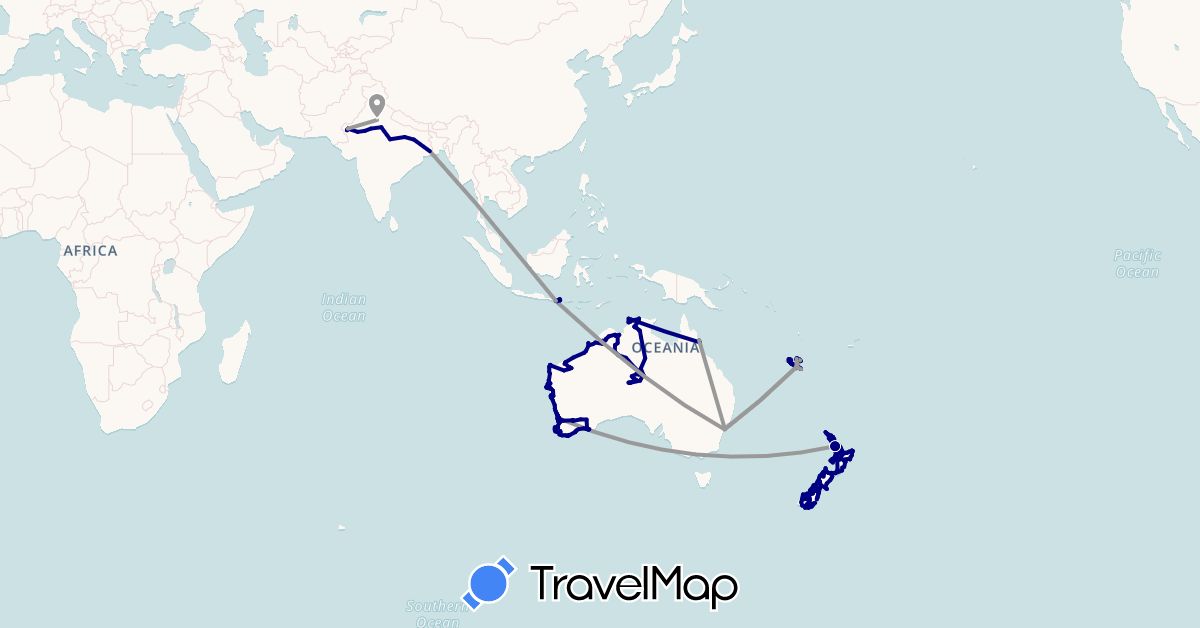 TravelMap itinerary: driving, plane, cycling, hiking in Australia, France, Indonesia, India, New Zealand (Asia, Europe, Oceania)